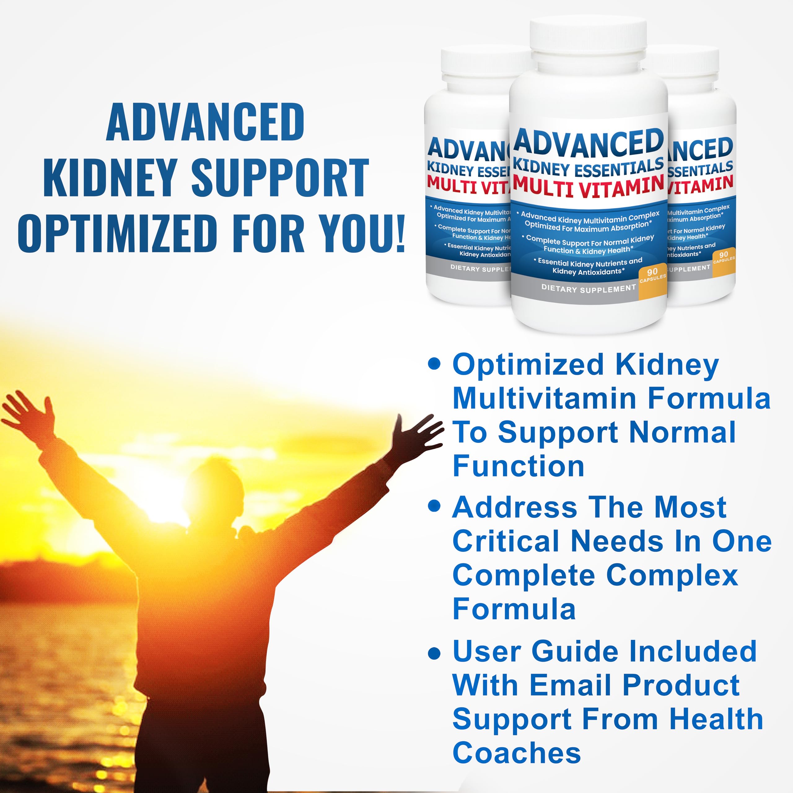 Kidney Restore Advanced Kidney Essentials Multivitamin bottle on a wooden table