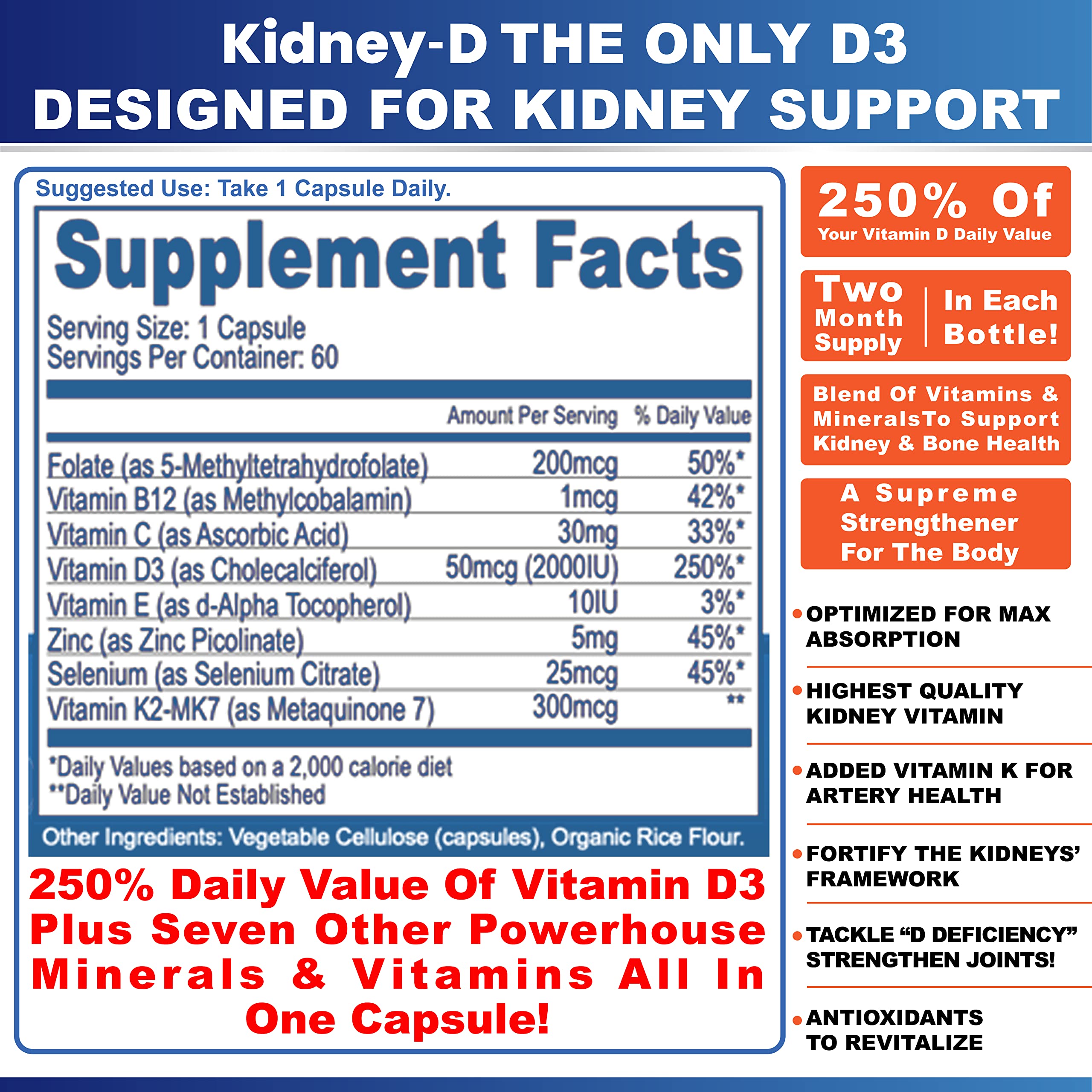 Kidney Restore Kidney-D Vitamin D3 supplement capsules on a table