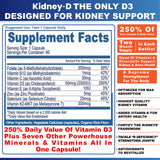 Kidney Restore Kidney-D Vitamin D3 supplement capsules on a table
