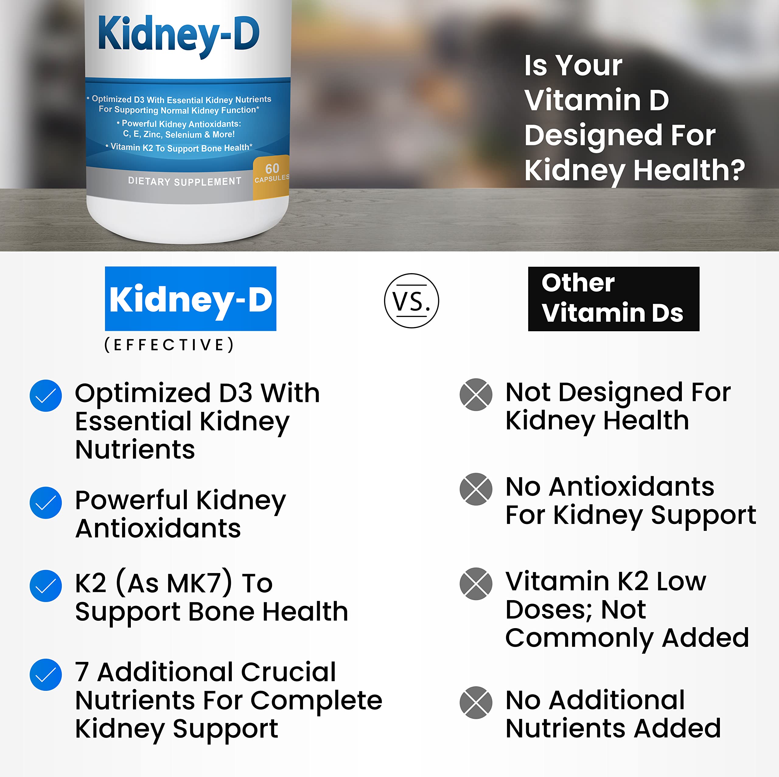 Kidney Restore Kidney-D Vitamin D3 supplement side view