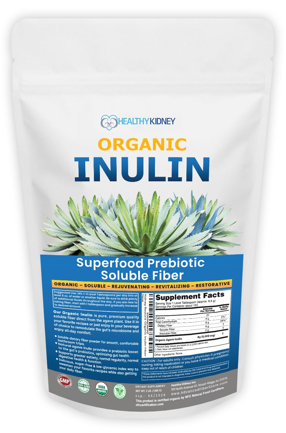 Kidney Restore Organic Inulin Powder 1370g front view