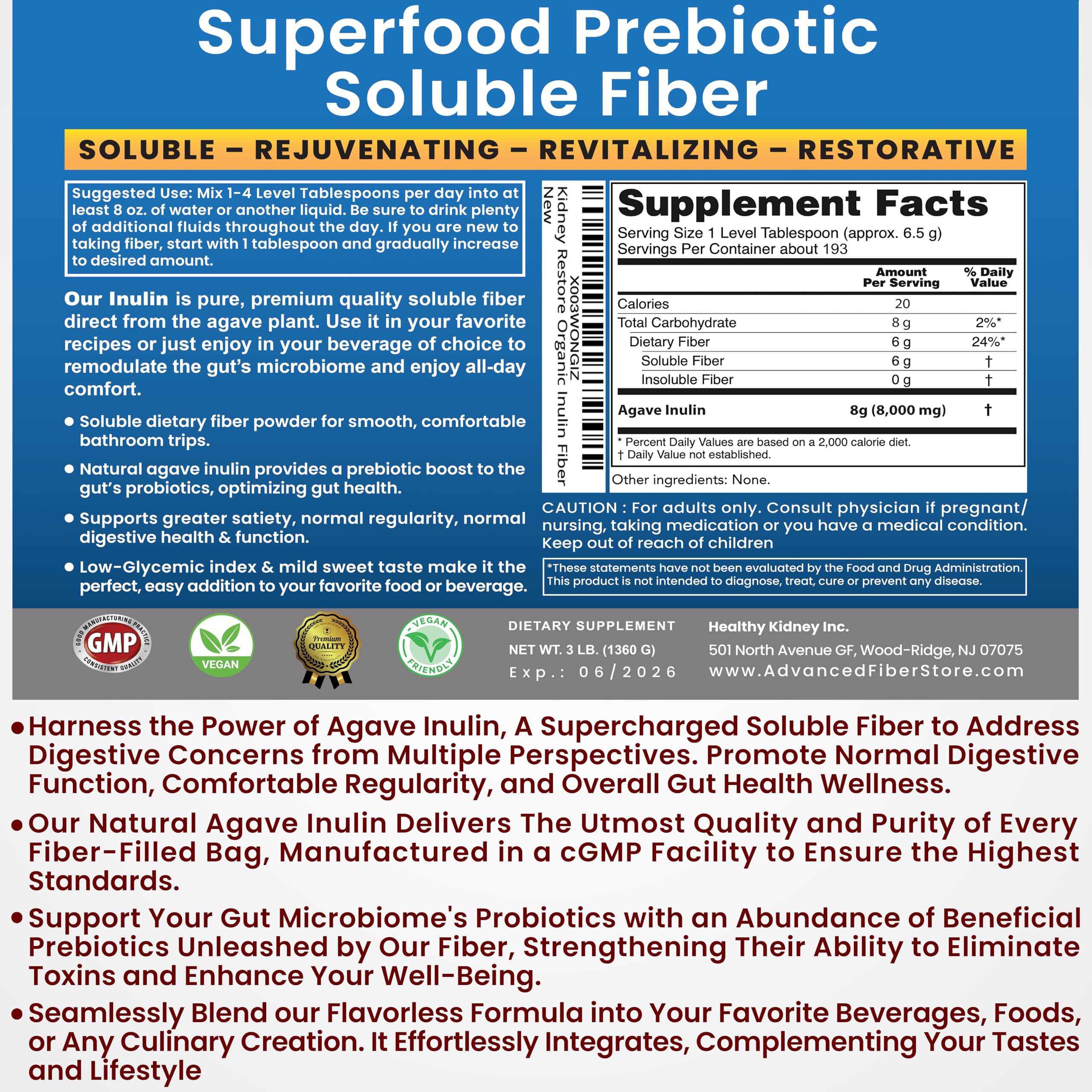 Kidney Restore Organic Inulin Powder nutritional information