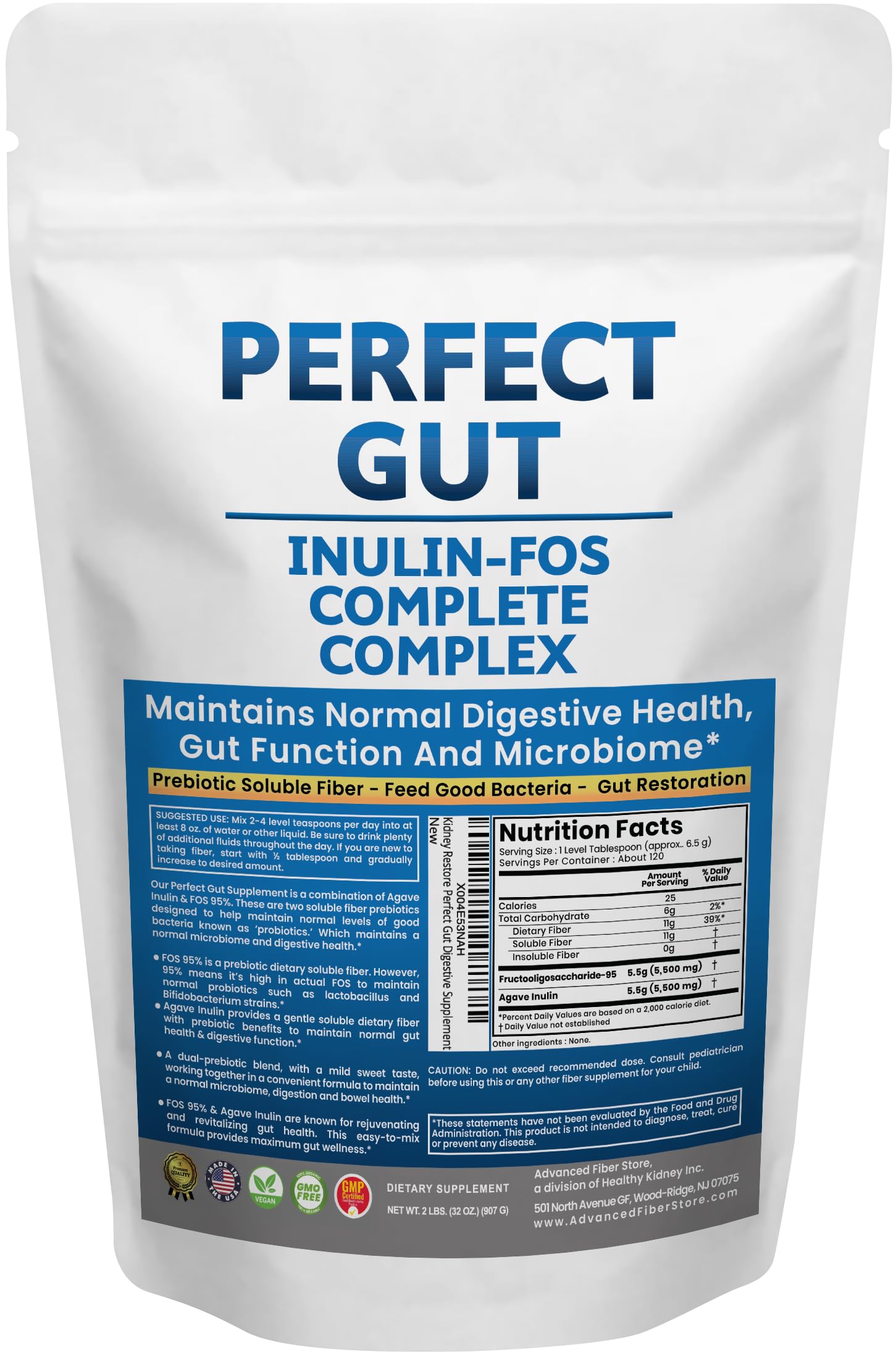 Kidney Restore Perfect Gut Inulin FOS Prebiotic Supplement front view