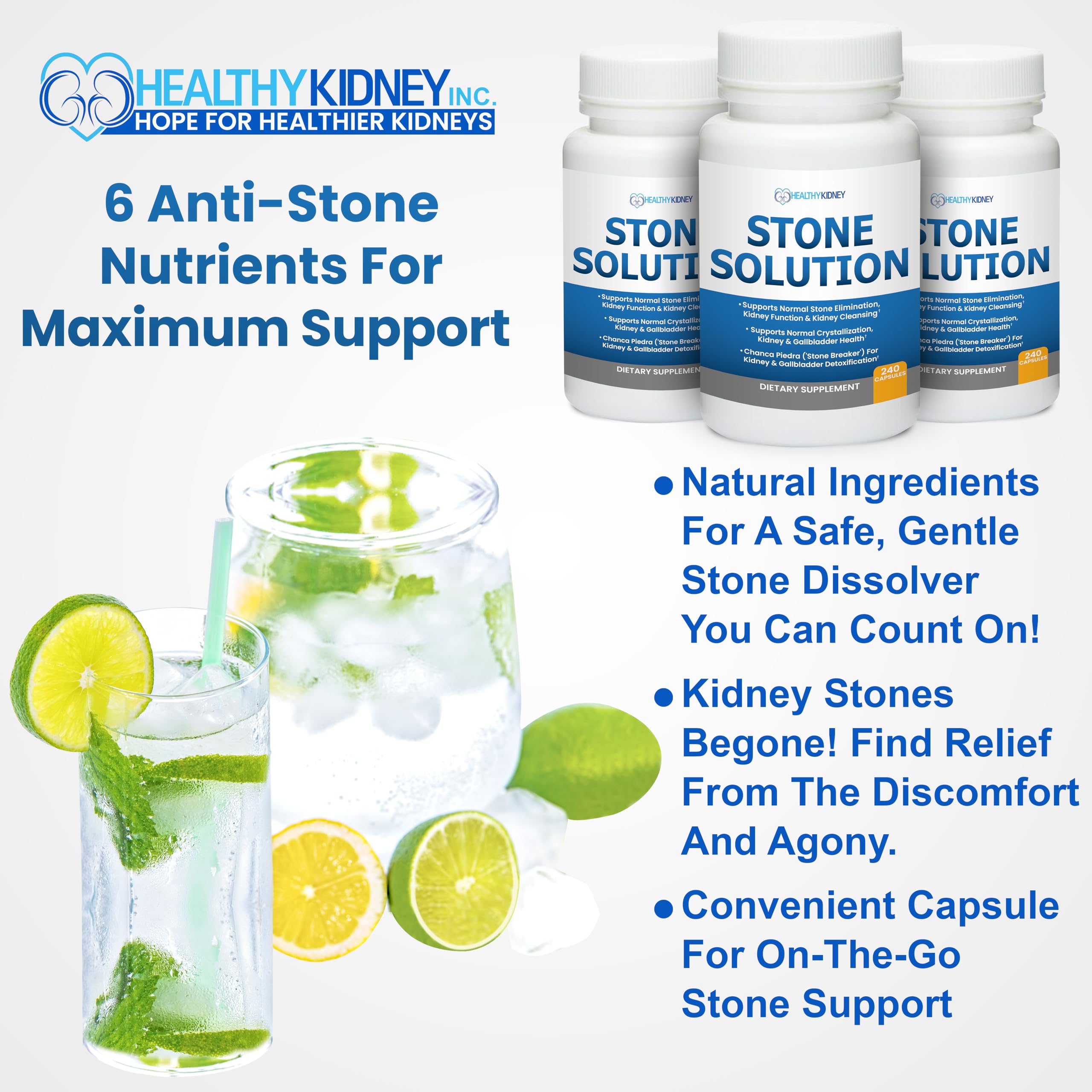Kidney Restore Stone Solution bottle with a fresh lemon