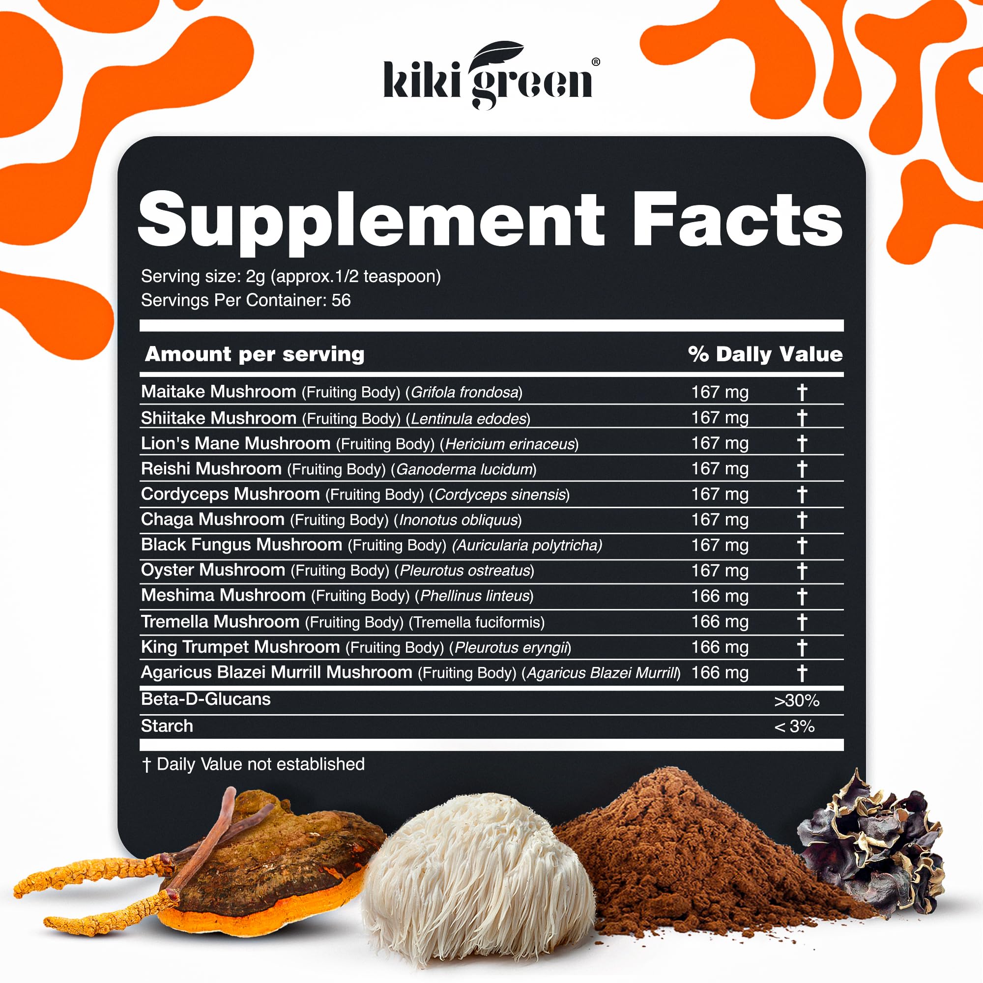 KIKI Green 12 Mushroom Super Blend Powder with ingredients display