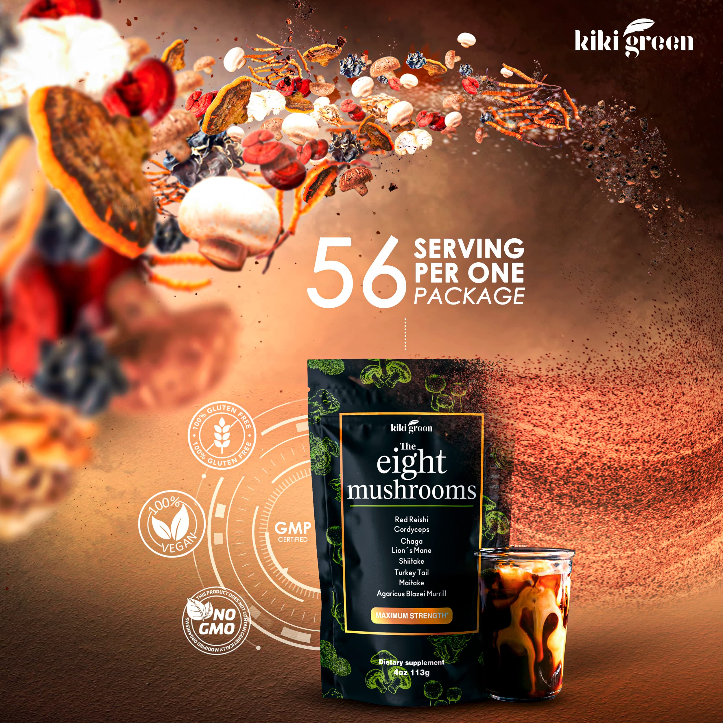 KIKI Green 8 Mushroom Powder Blend container with mushrooms