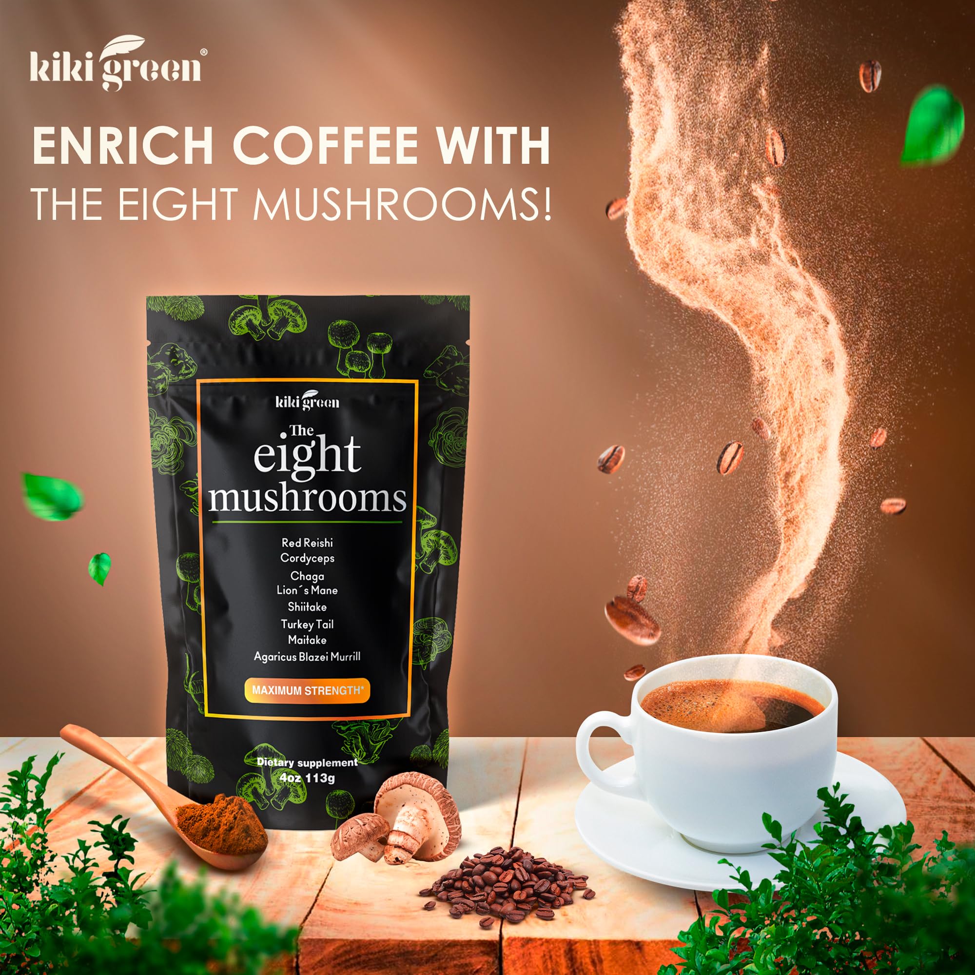 KIKI Green 8 Mushroom Powder Blend mixed in a smoothie