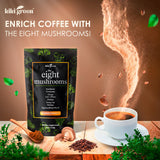 KIKI Green 8 Mushroom Powder Blend mixed in a smoothie