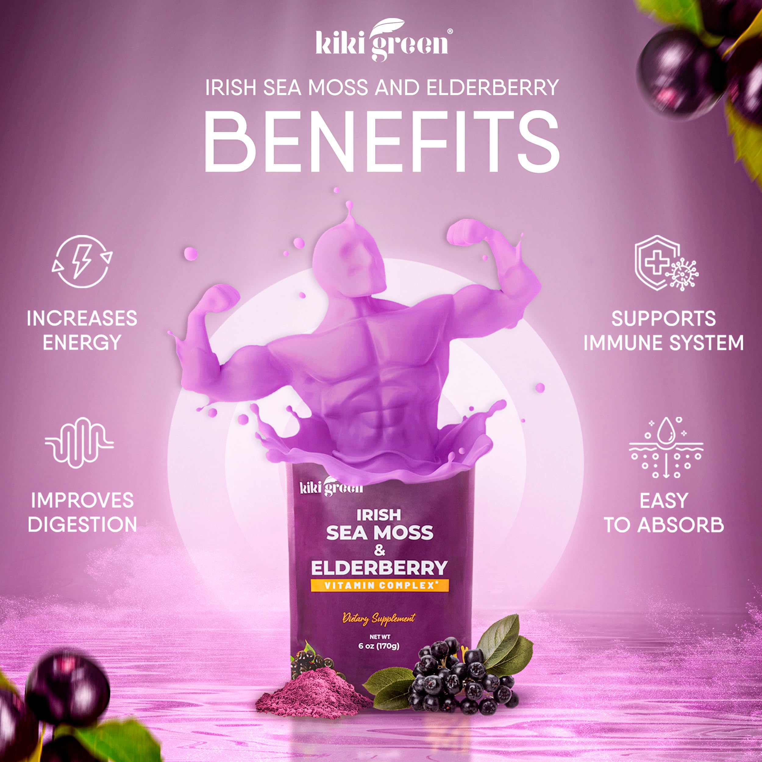 KIKI Green Elderberry Sea Moss Powder 170g serving suggestion with smoothie