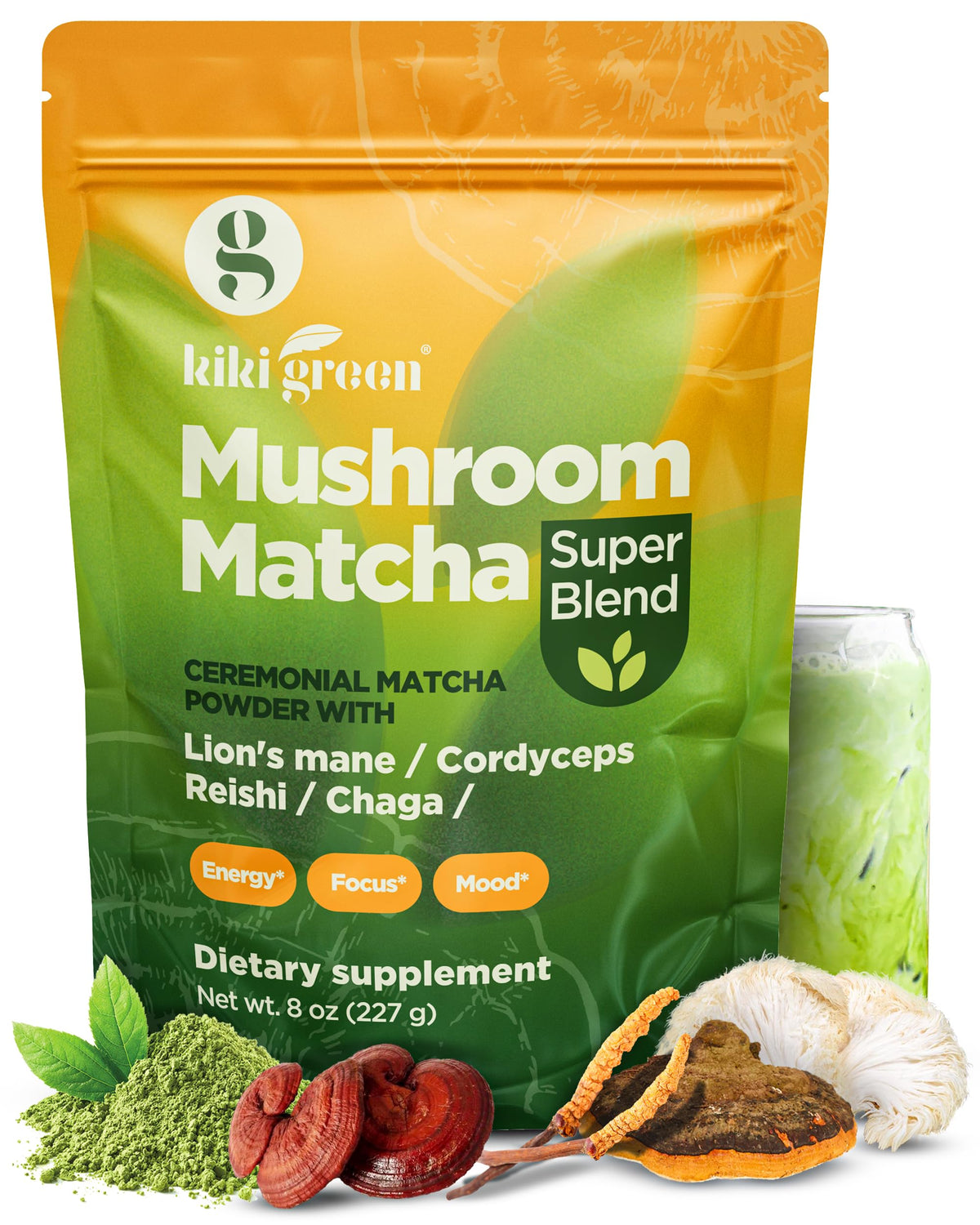 KIKI Green Matcha Mushroom Powder Blend 231g front view