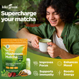 KIKI Green Matcha Mushroom Powder Blend 231g in a cup