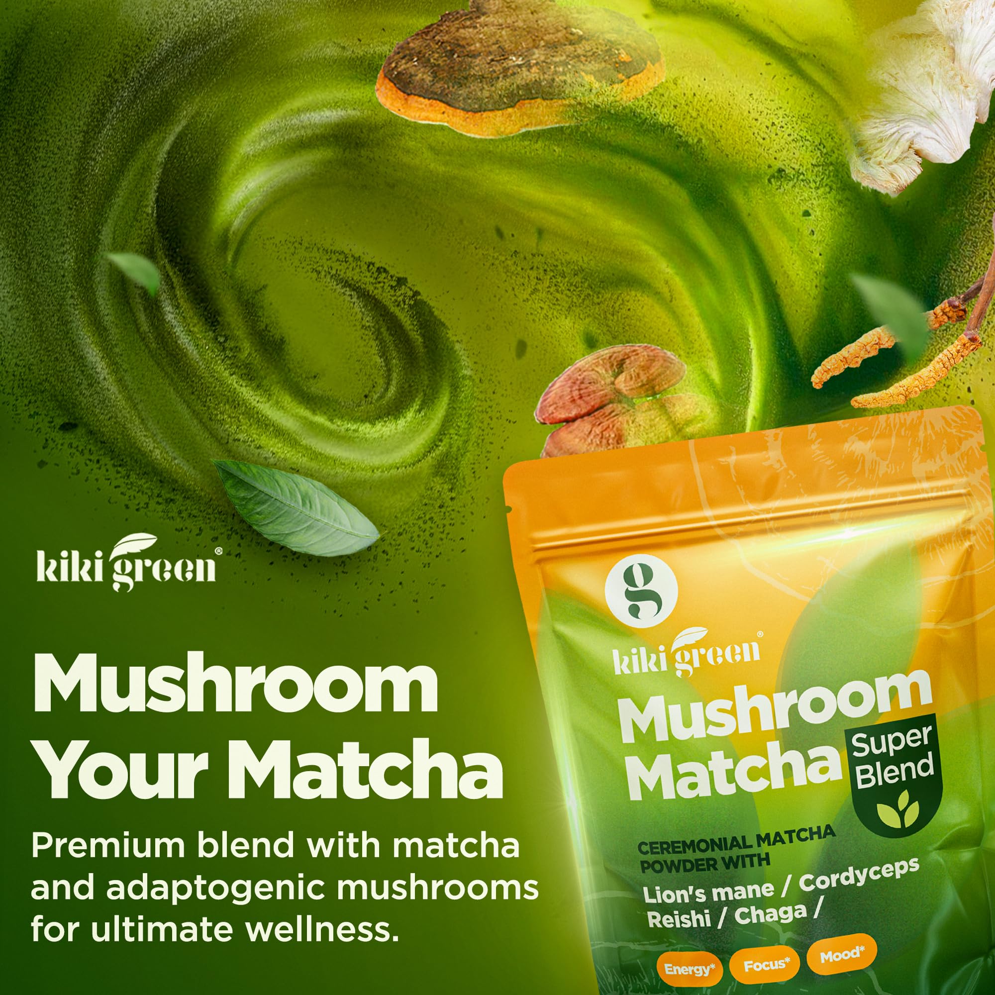 KIKI Green Matcha Mushroom Powder Blend 231g mixed with milk