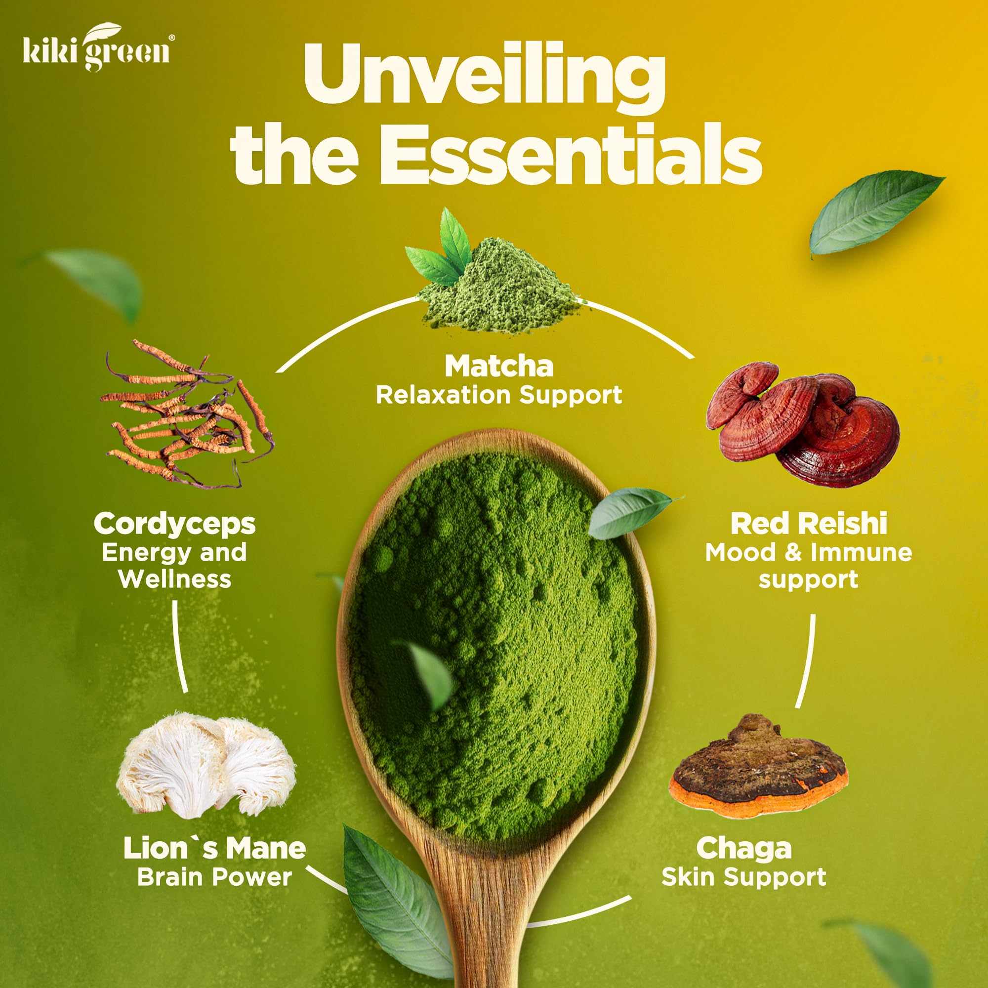 KIKI Green Matcha Mushroom Powder Blend 231g with spoon
