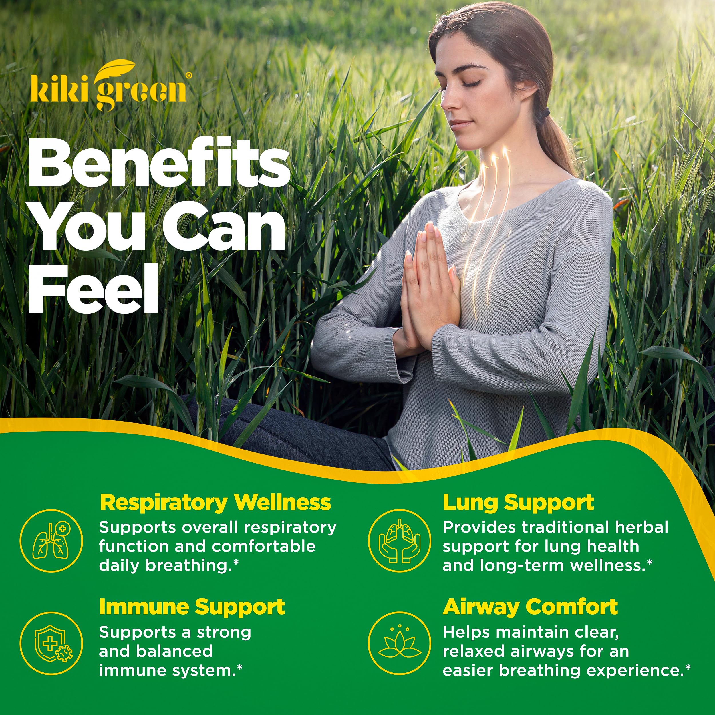 KIKI Green Mullein Extract Capsules with a hand holding one capsule
