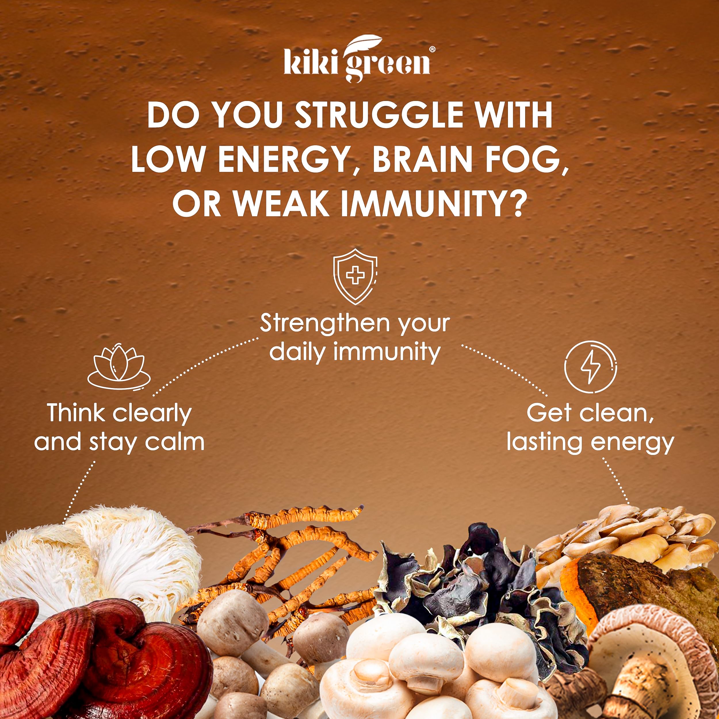 KIKI Green Mushroom Blend Supplement displayed with other herbal supplements