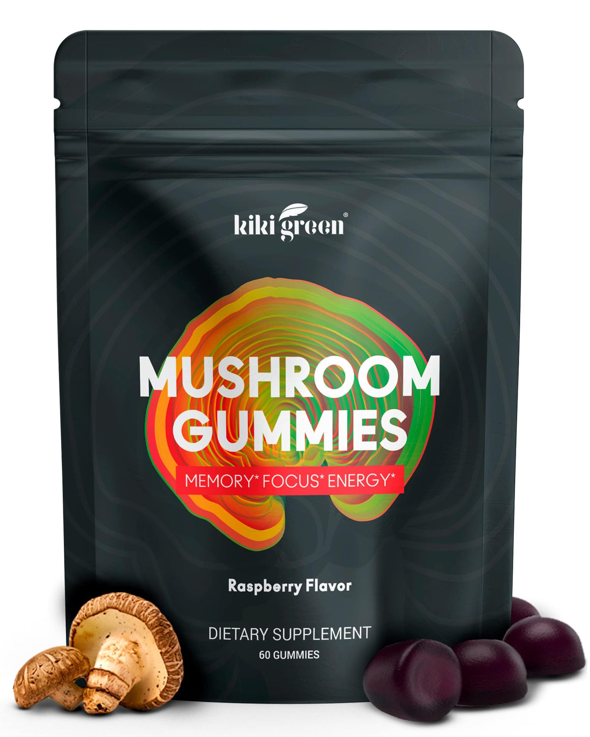 KIKI Green Mushroom Gummies bottle front view with 60 gummies