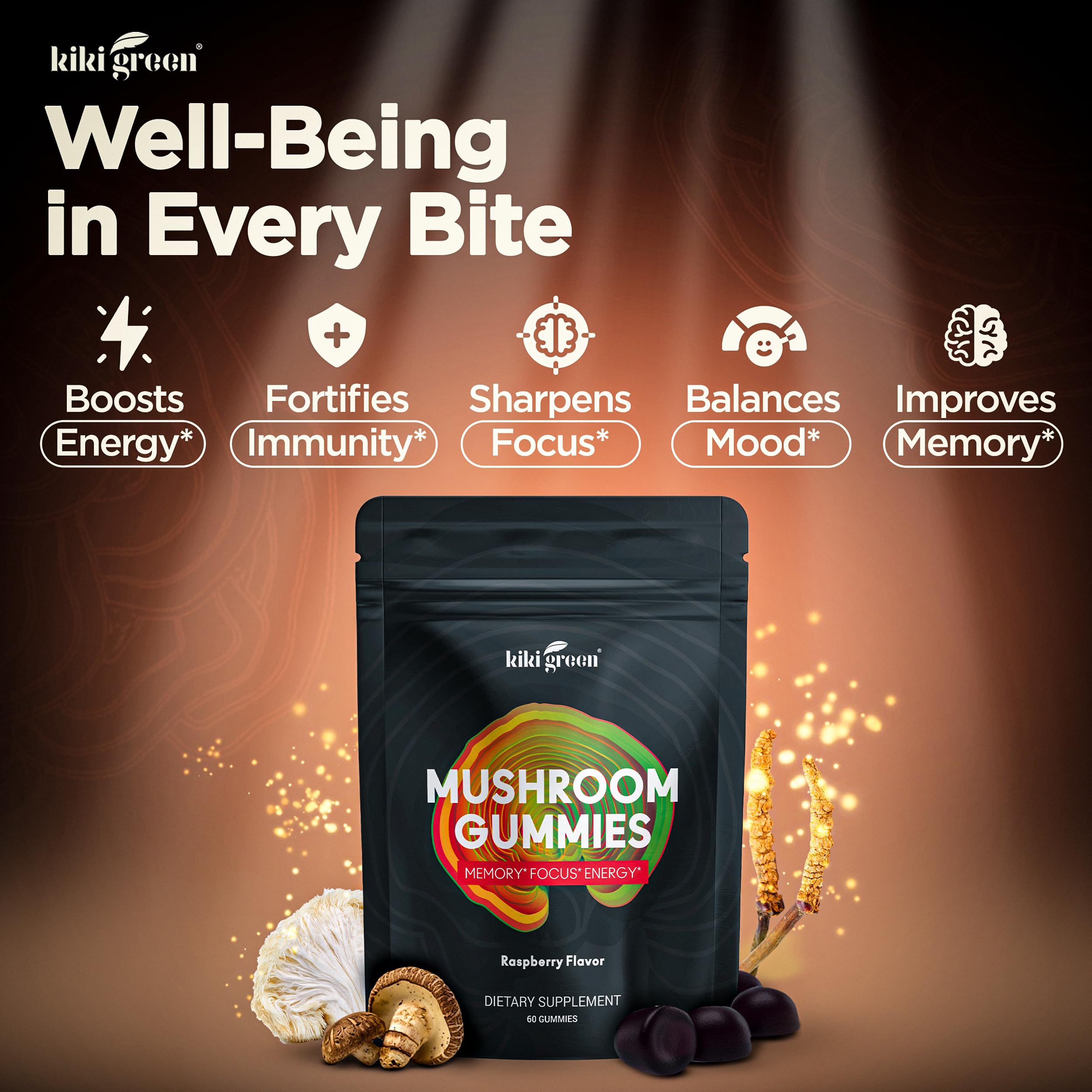 KIKI Green Mushroom Gummies showing the raspberry flavour
