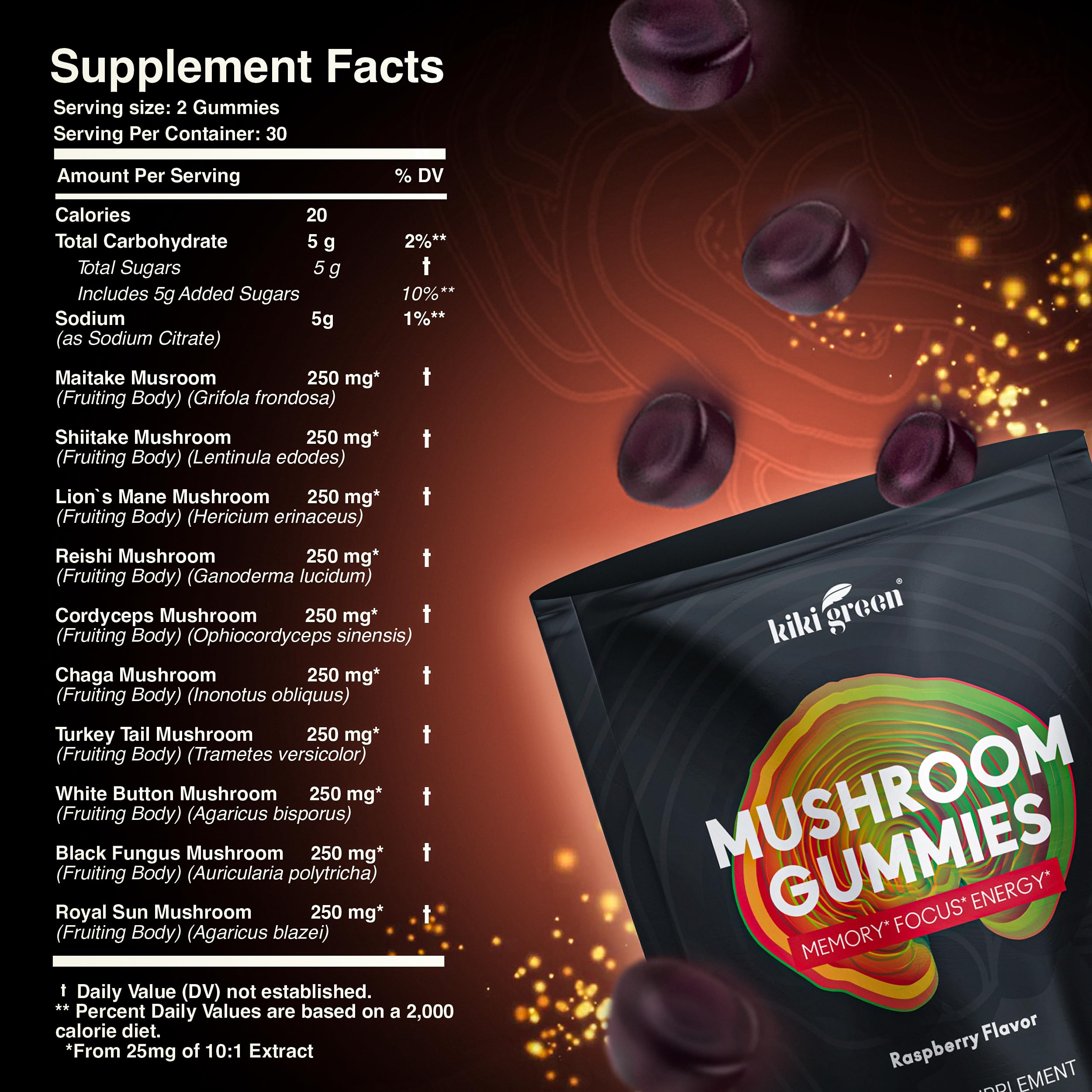 KIKI Green Mushroom Gummies with fresh raspberries on a wooden table