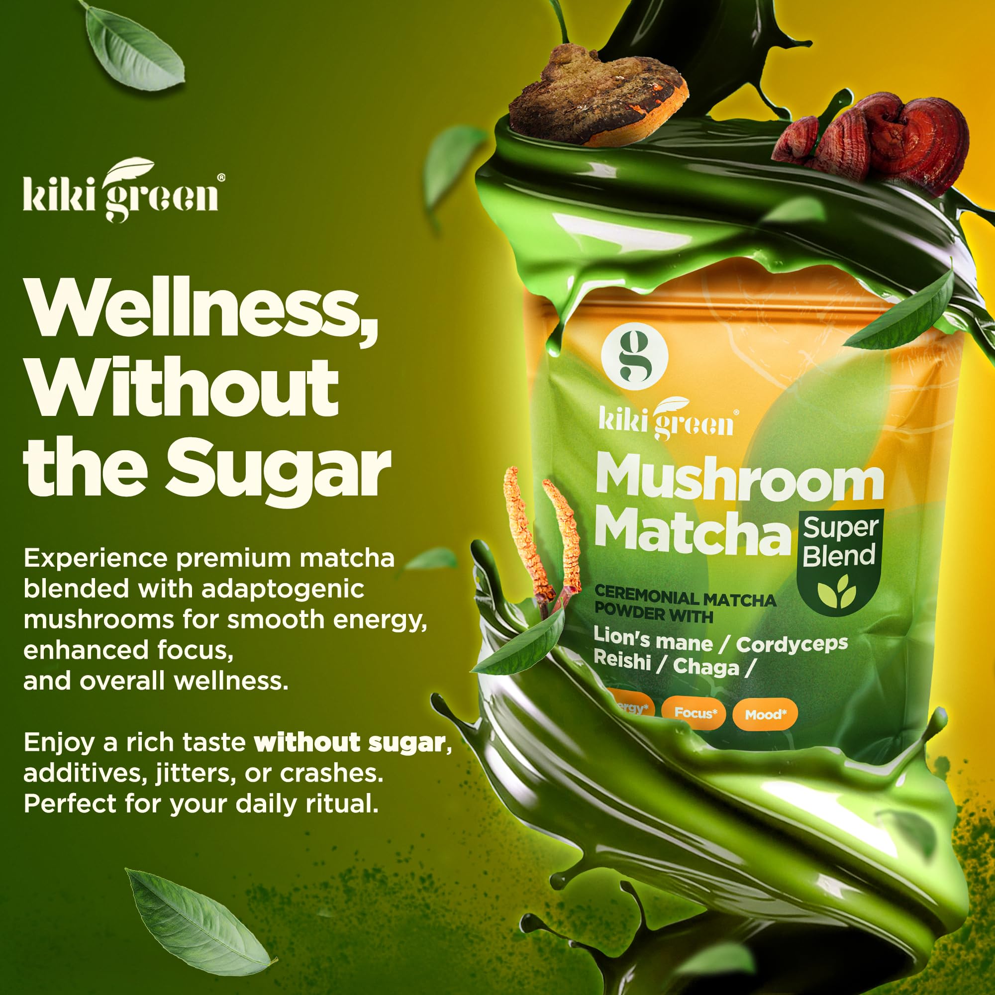 KIKI Green Mushroom Matcha Powder 118g back view with nutritional information