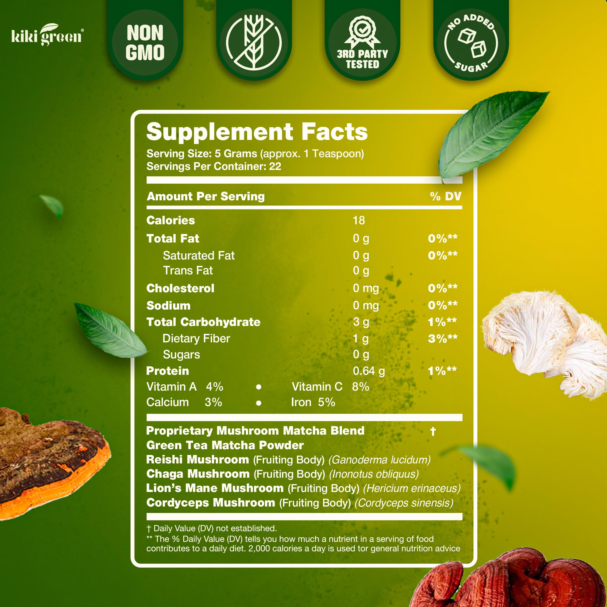 KIKI Green Mushroom Matcha Powder 118g lifestyle shot with ingredients