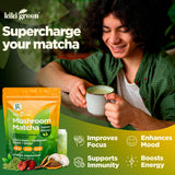 KIKI Green Mushroom Matcha Powder 118g mixed in a cup with hot water