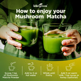 KIKI Green Mushroom Matcha Powder 118g on a wooden table with a spoon