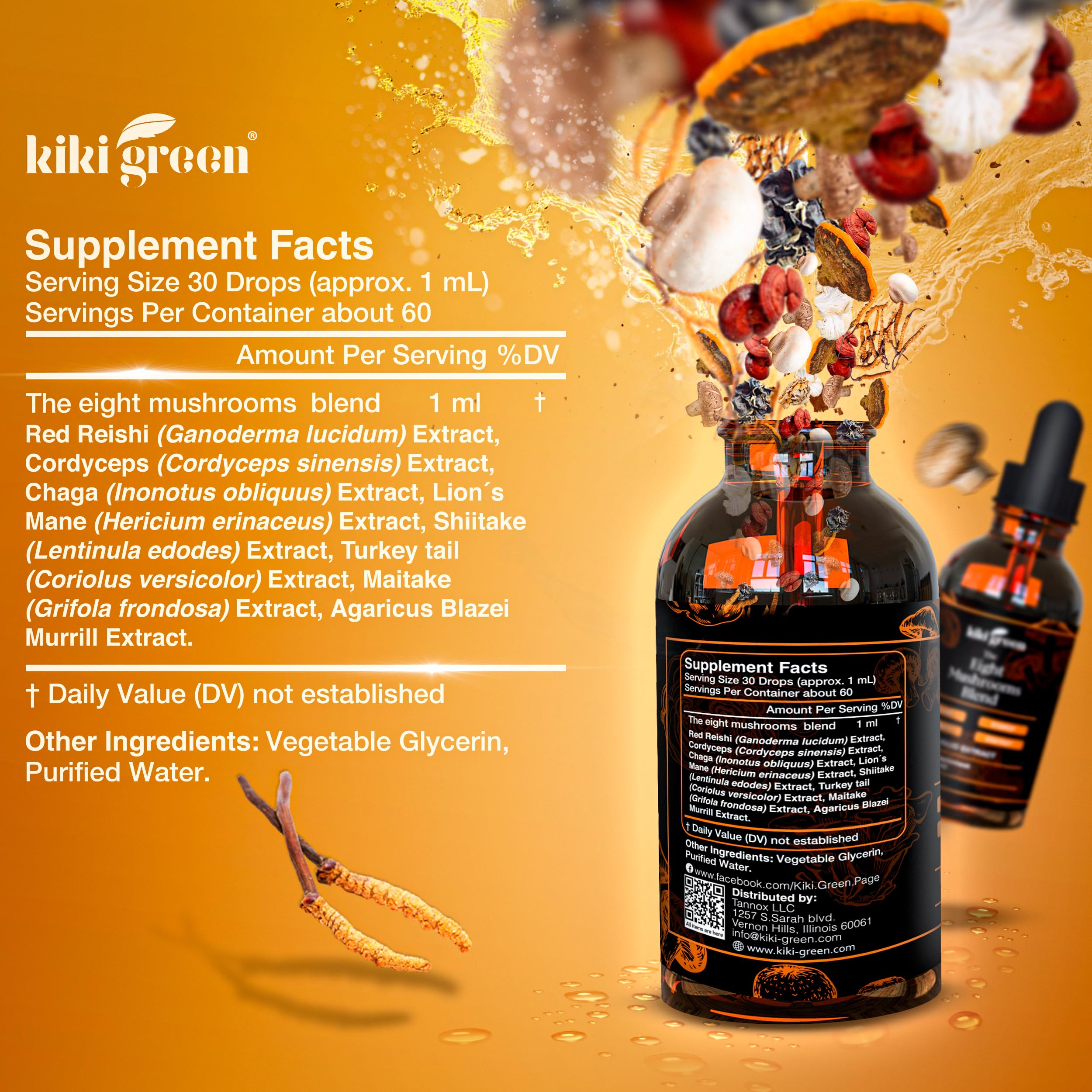 KIKI Green Mushroom Supplement back view with ingredient list