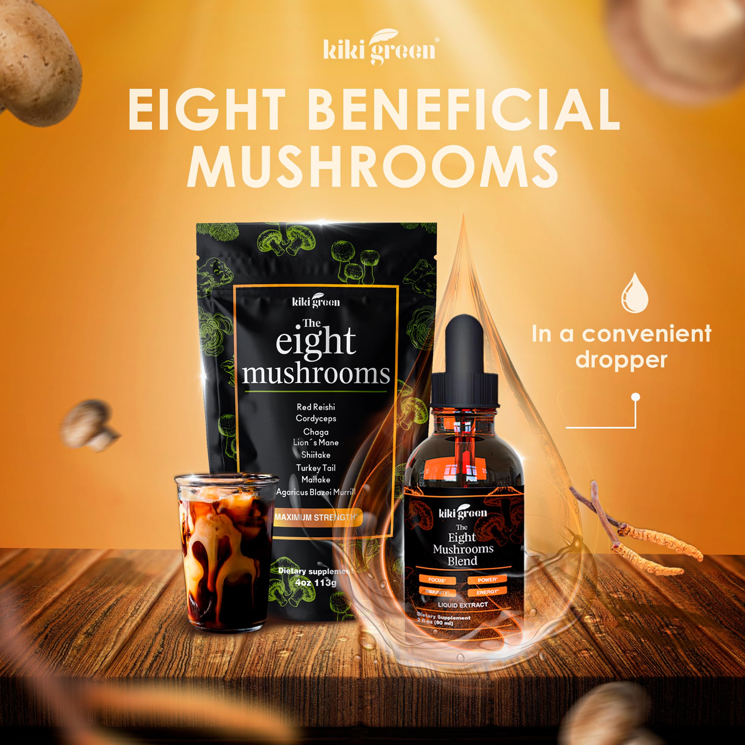 KIKI Green Mushroom Supplement on a wooden table