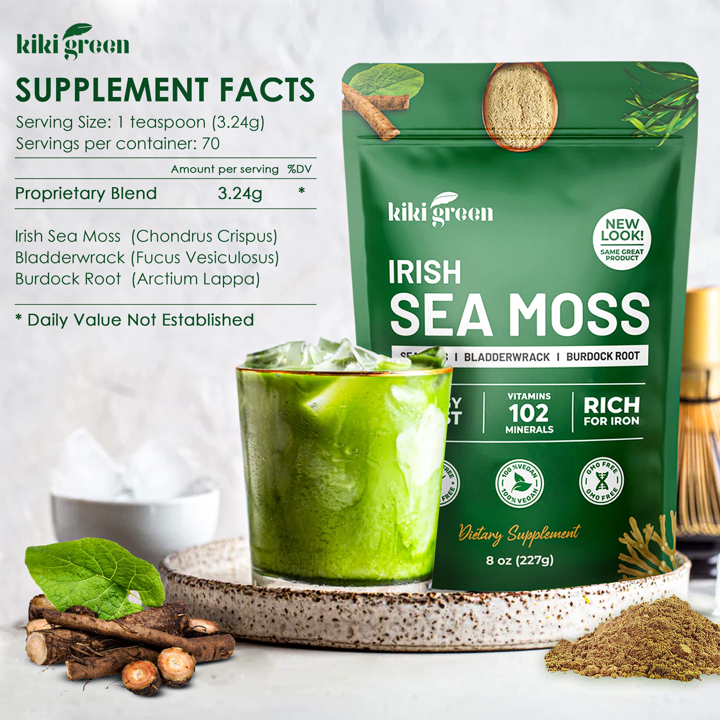 KIKI Green Sea Moss Powder in a bowl with a spoon