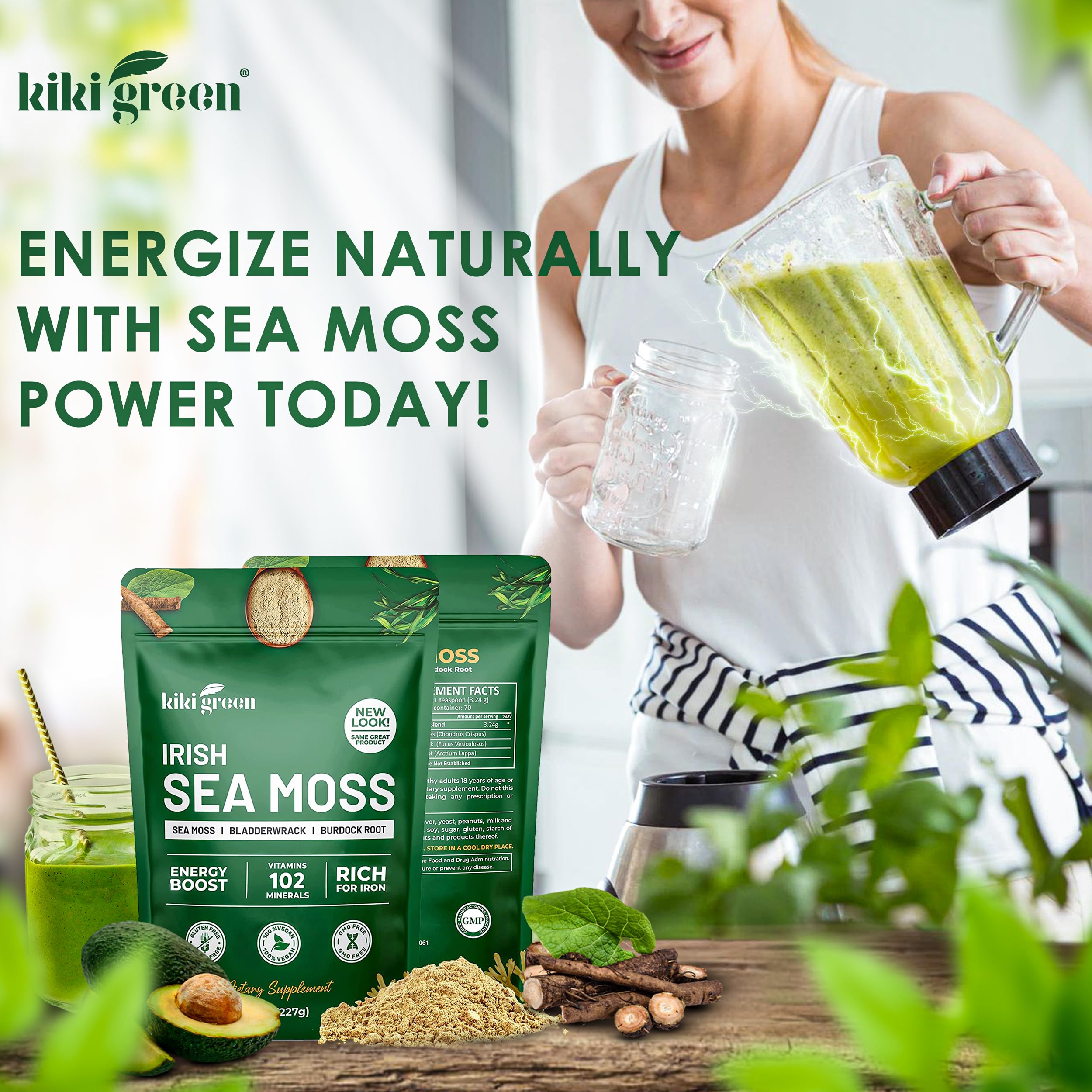 KIKI Green Sea Moss Powder in a glass jar