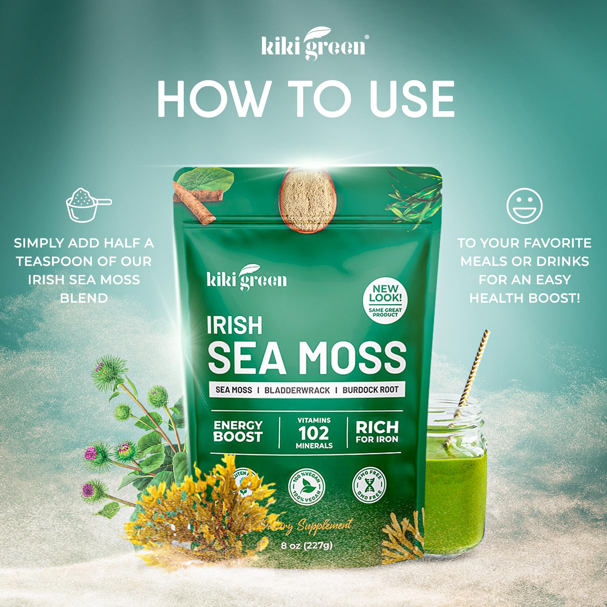 KIKI Green Sea Moss Powder with a smoothie