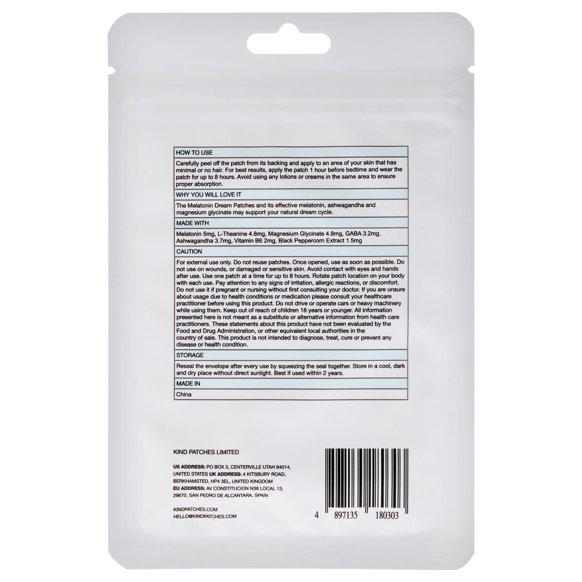 Kind Patches Sleep Patches showing individual patch with ingredients list