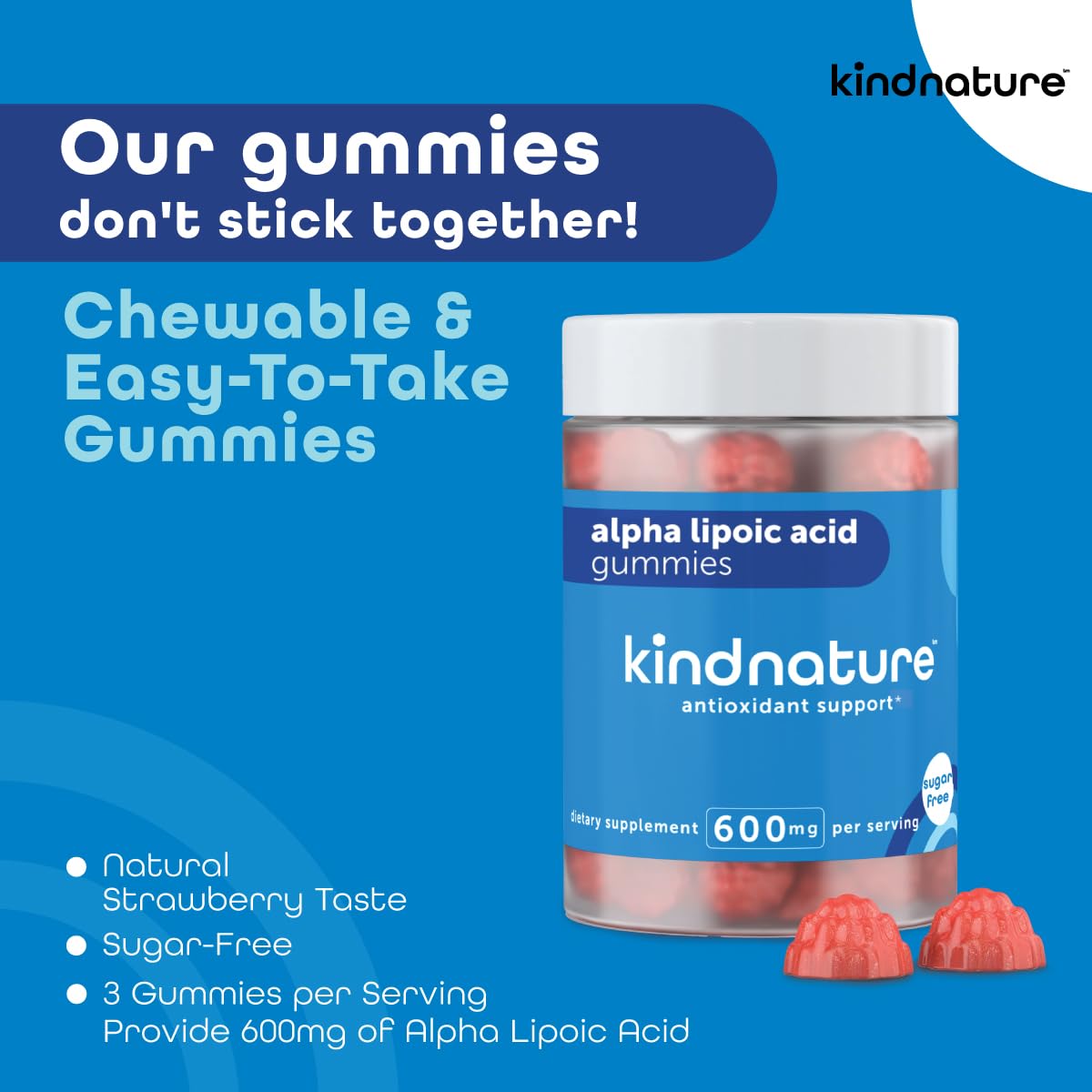 kindnature Alpha Lipoic Acid Gummies on a wooden table, lifestyle shot