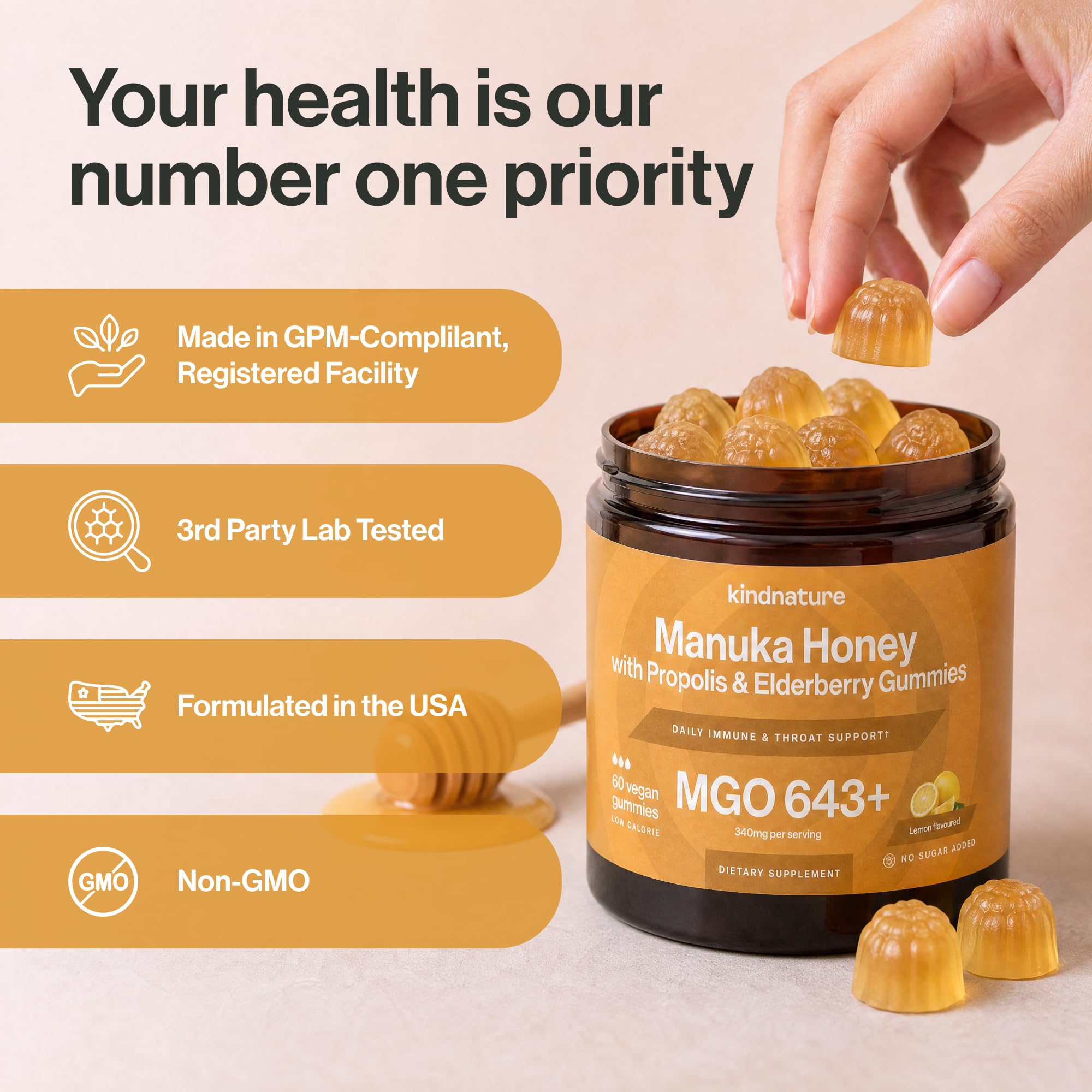kindnature Manuka Honey Gummies back view of packaging