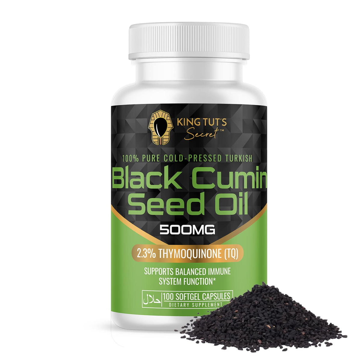 KING TUT'S SECRET Black Seed Oil Capsules 60 Count front view