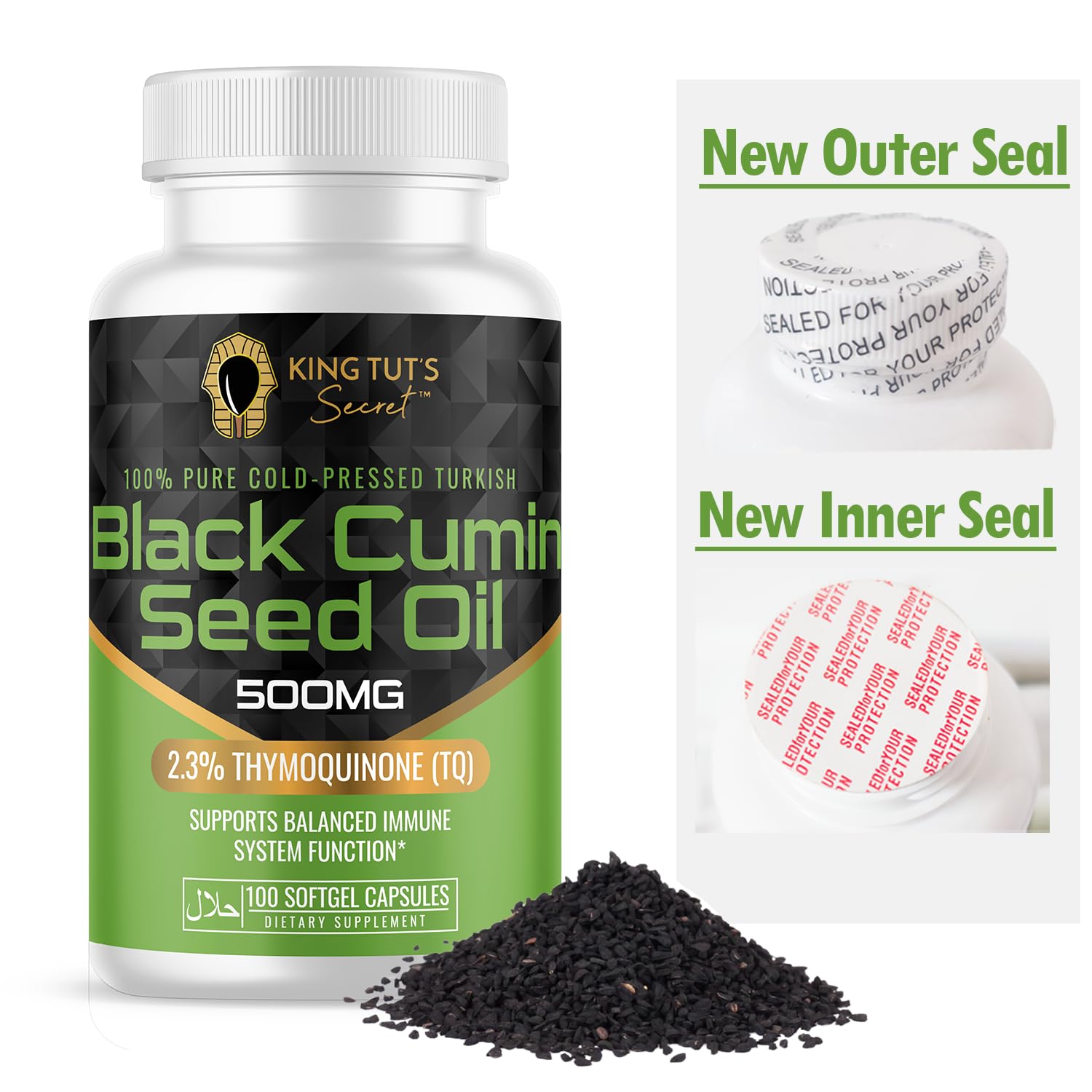 KING TUT'S SECRET Black Seed Oil Capsules bottle with double seal