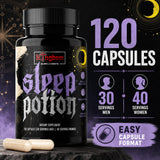 Kingdom Supplements Sleep Potion bottle with a glass of water