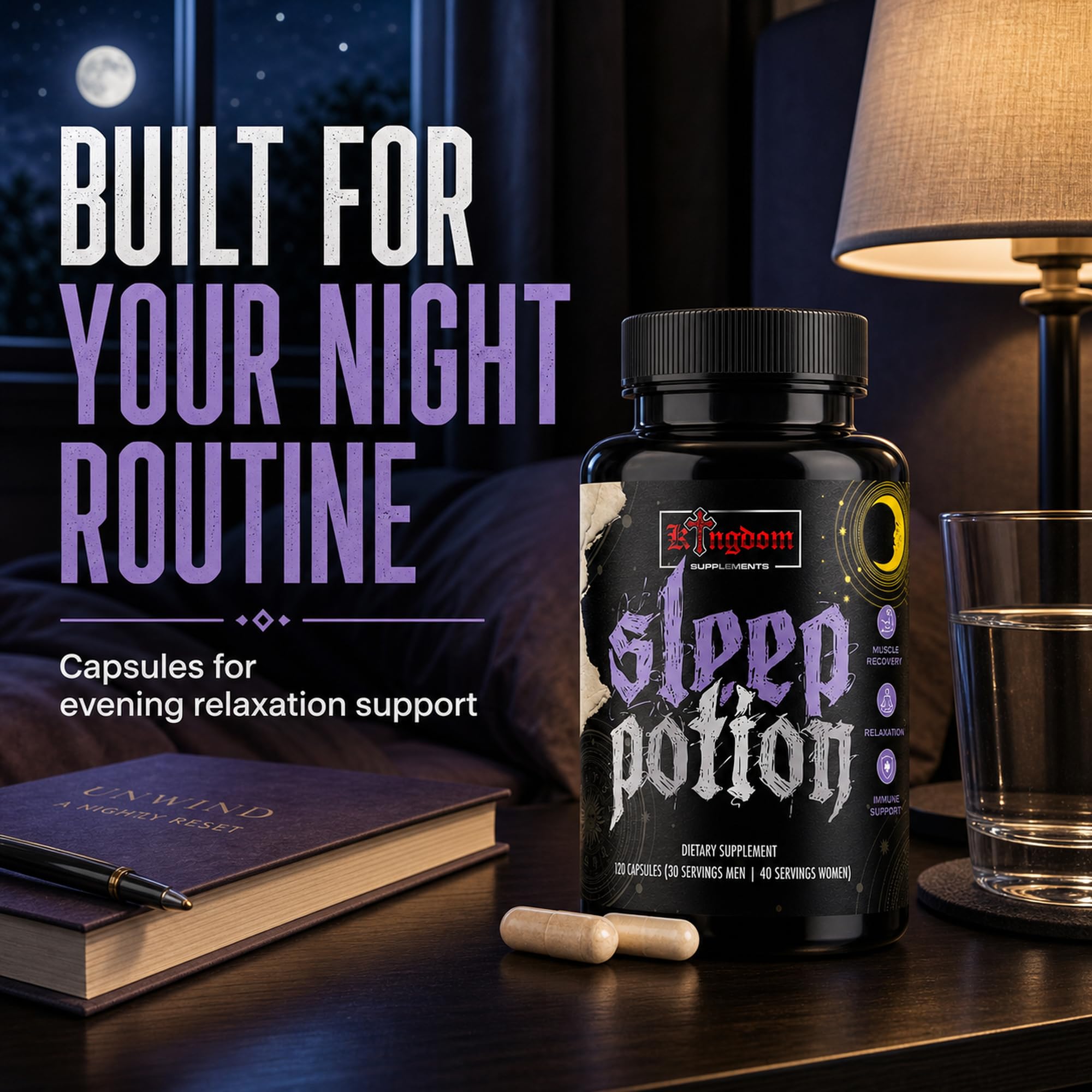 Kingdom Supplements Sleep Potion bottle with capsules on a table