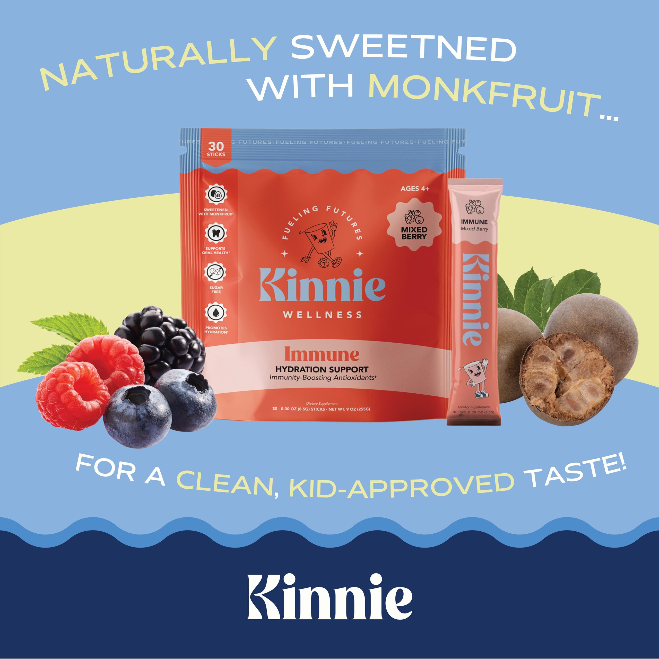 Kinnie Hydration & daily wellness Support Drink Mix stick pack close-up