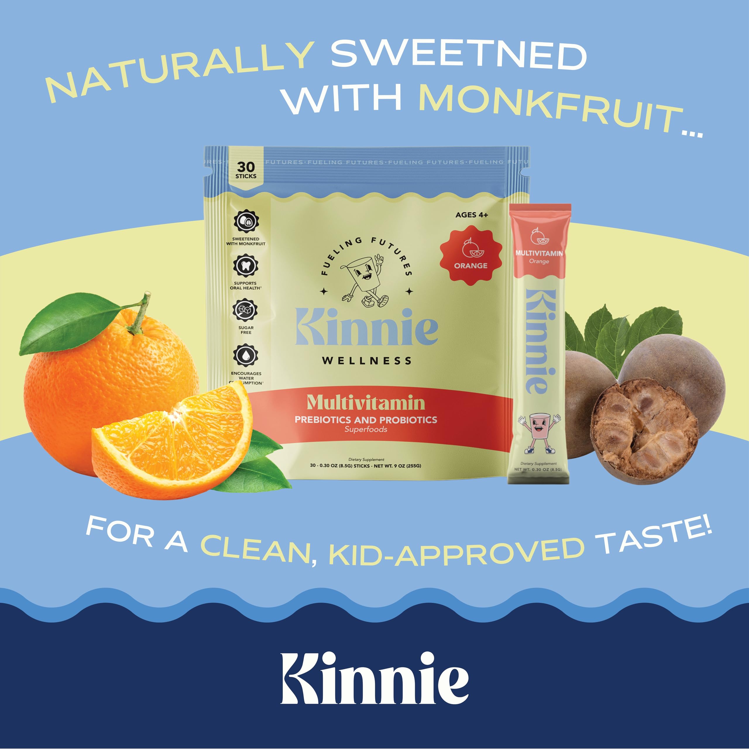 Kinnie Kids Multivitamin Powder in a bowl with fruits