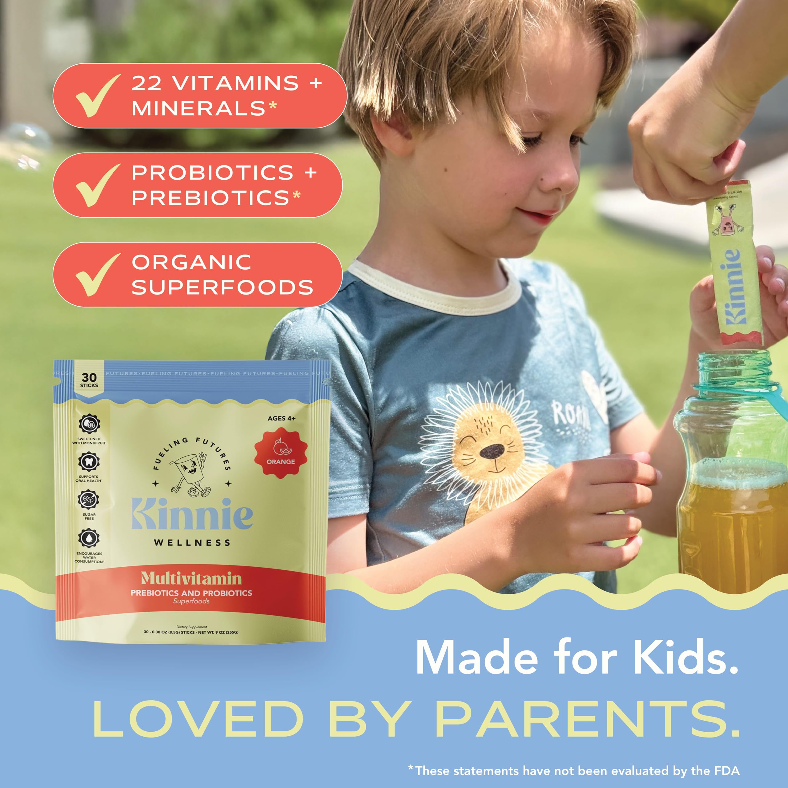 Kinnie Kids Multivitamin Powder mixed in a glass of water