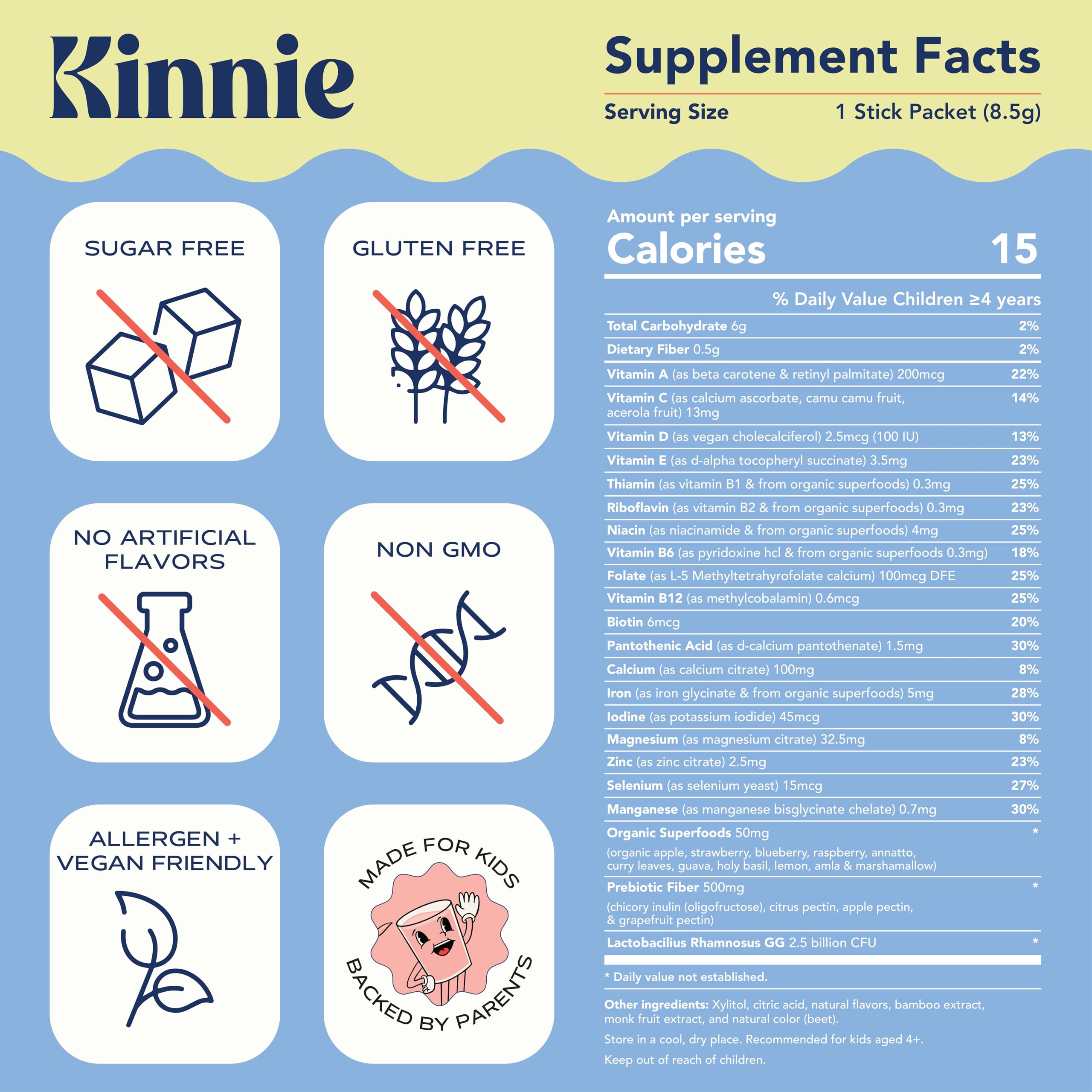 Kinnie Kids Multivitamin Powder scoop beside a smoothie