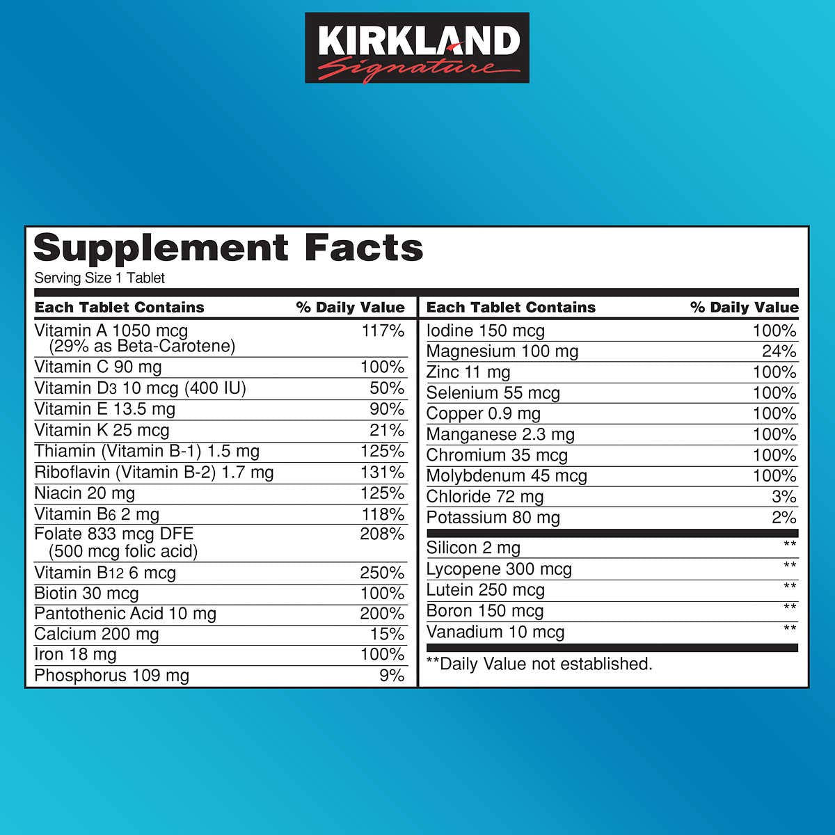 KIRKLAND Daily Multivitamin packaging with nutritional information