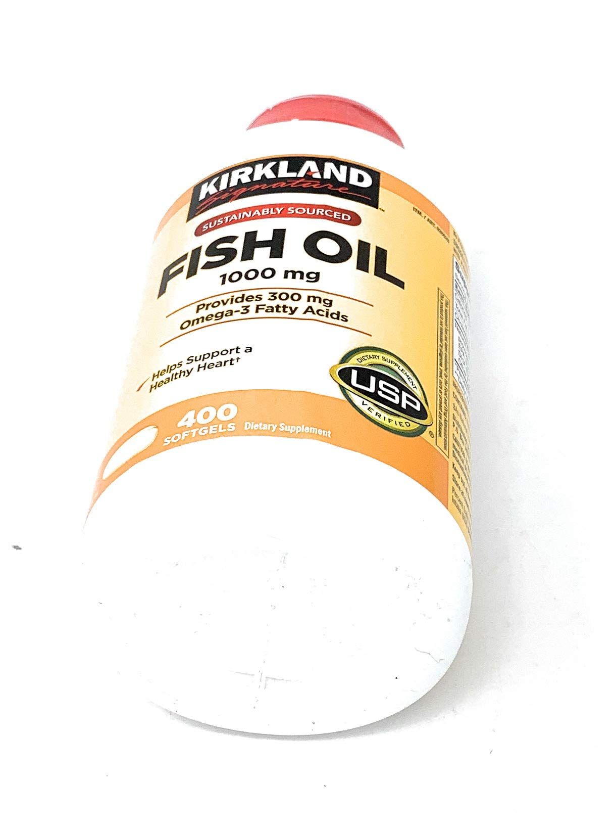 KIRKLAND Fish Oil 454g bottle on a wooden table