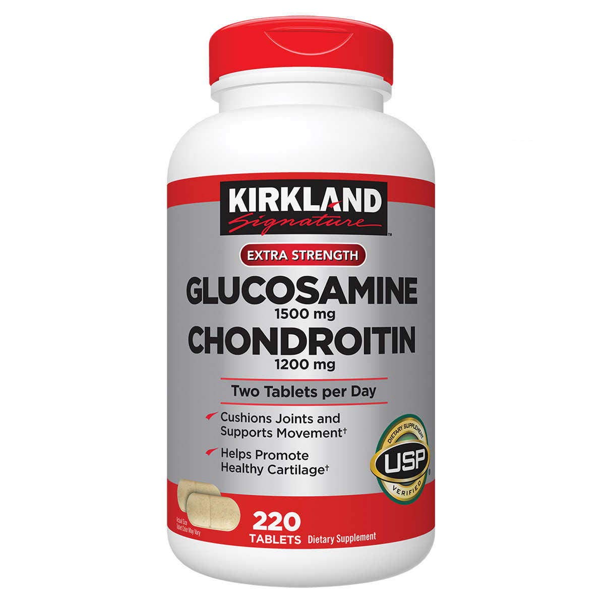 KIRKLAND Glucosamine HCI 1500mg Chondroitin Sulfate 1200mg 220 Tablets front view