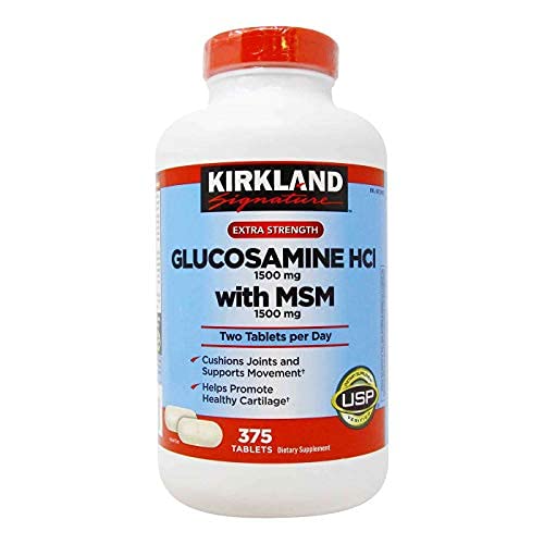 KIRKLAND Glucosamine & MSM Supplement 1500mg on a wooden table