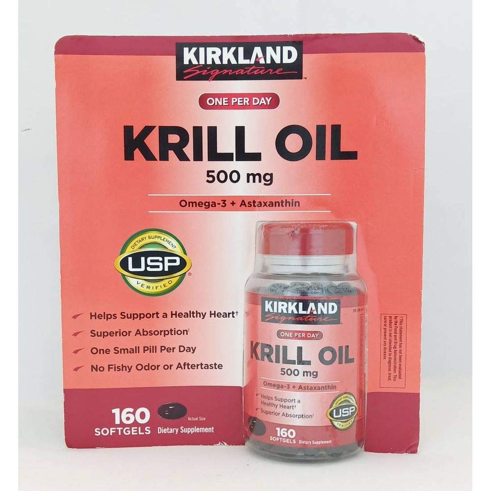 KIRKLAND Krill Oil 500mg softgel on a wooden table