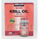 KIRKLAND Krill Oil 500mg softgel on a wooden table