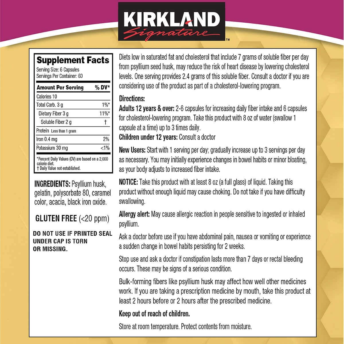 KIRKLAND Psyllium Husk Fiber Capsules packaging details