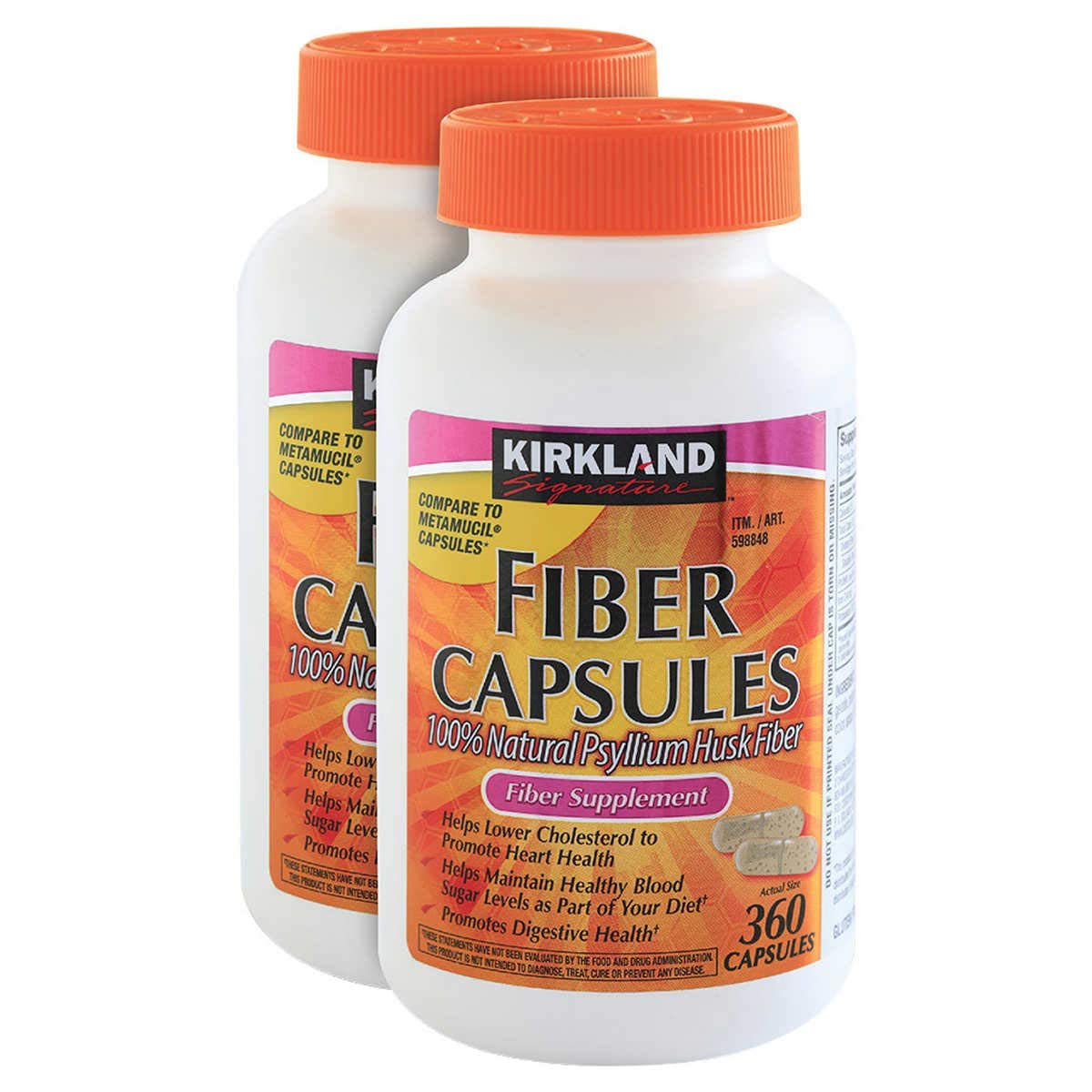 KIRKLAND Psyllium Husk Fiber Capsules two bottles front view